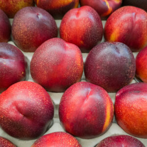 A top view of nectarines on a white surface